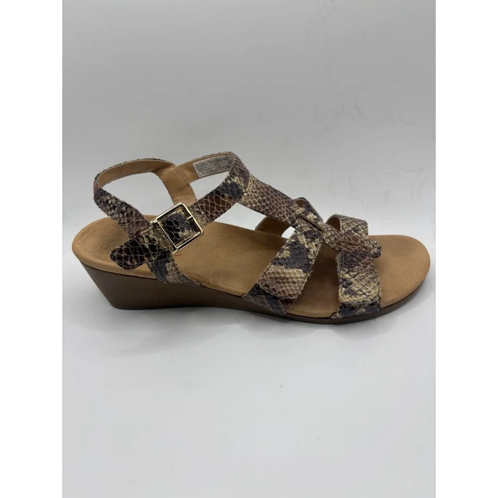 Vionic Snakeskin Strappy Wedge Sandals Brown Animal Print Orthotic Womens 9 Wide